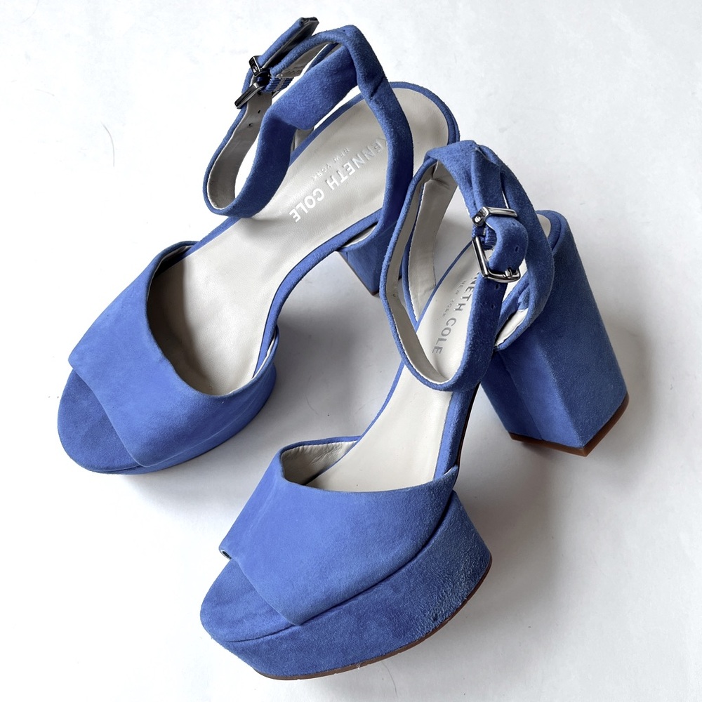 Kenneth Cole Pheonix Blue Suede Platform Open Toe Ankle Strap Heels Size 5